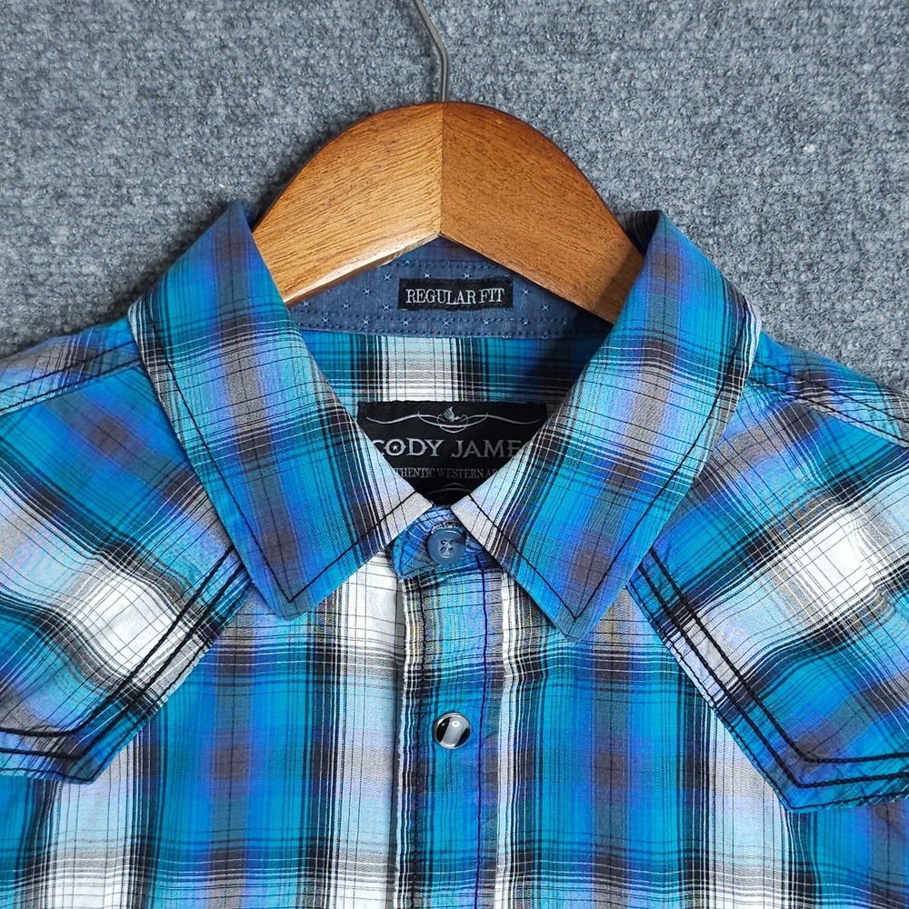 Cody James Pearl Snap Shirt Mens Large Blue Western Plaid Cotton Regular Fit - Picture 3 of 10